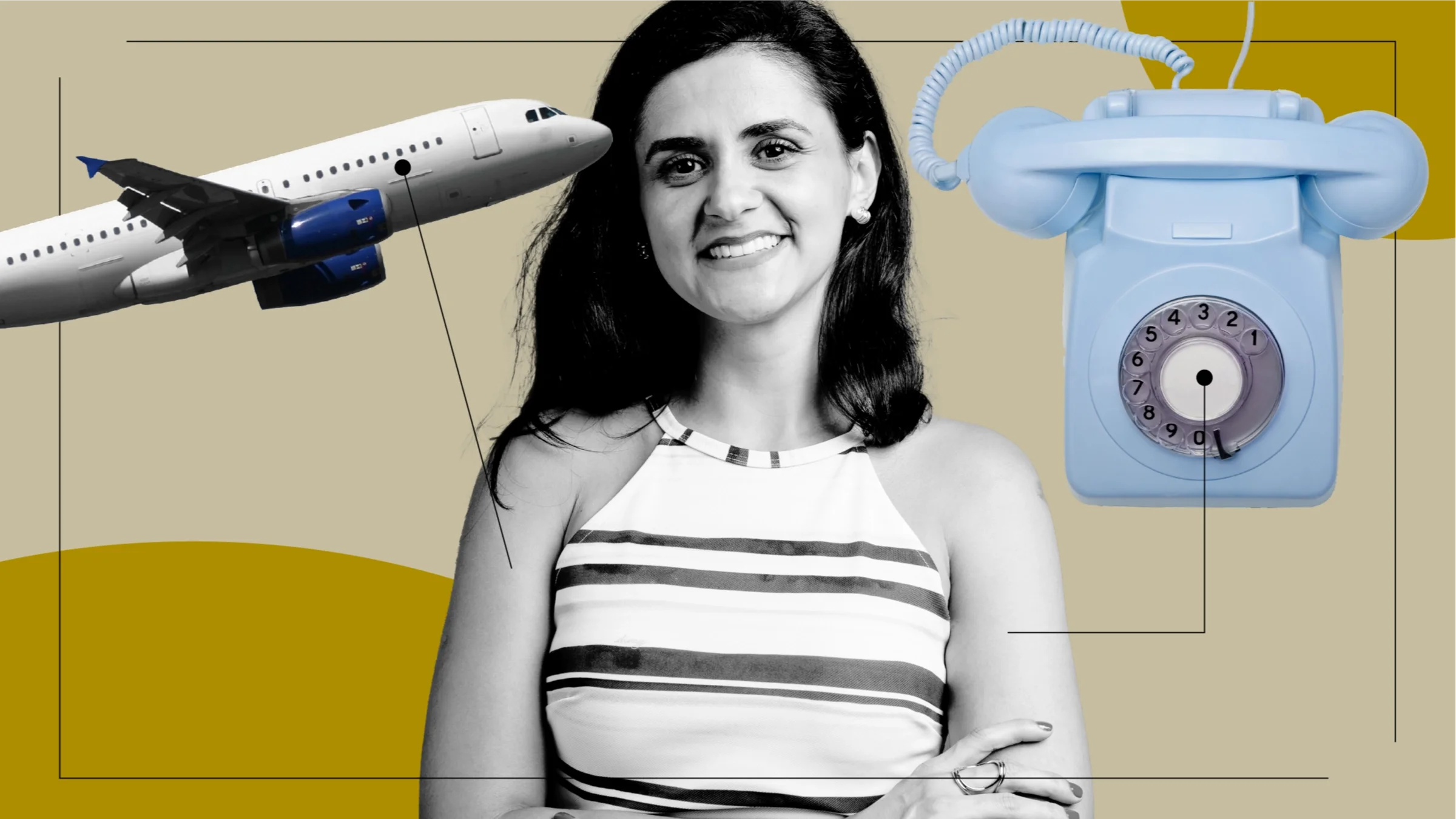 Custom graphic with a black and white photo of a woman smiling in the center. Off of her are diagram lines pointing to objects representing what it’s like to be a long distance caregiver. On the left is an airplane and on the right is a rotary telephone.