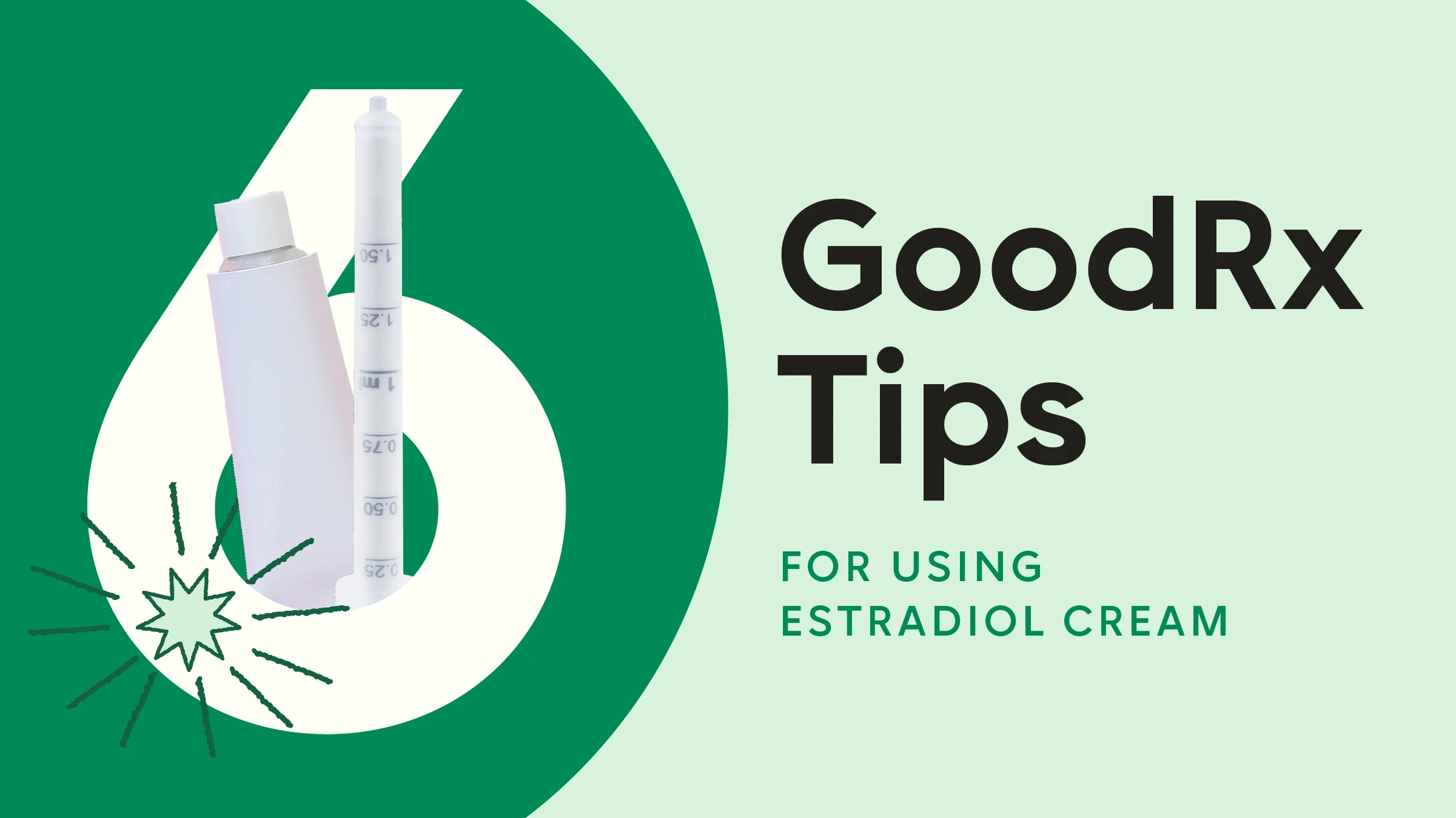 The image shows a light green background with a dark green half circle on the left side. The text reads: “6 GoodRx Tips for using Estradiol Cream.” Coming out from behind the number six is a cream tube and vaginal applicator. 