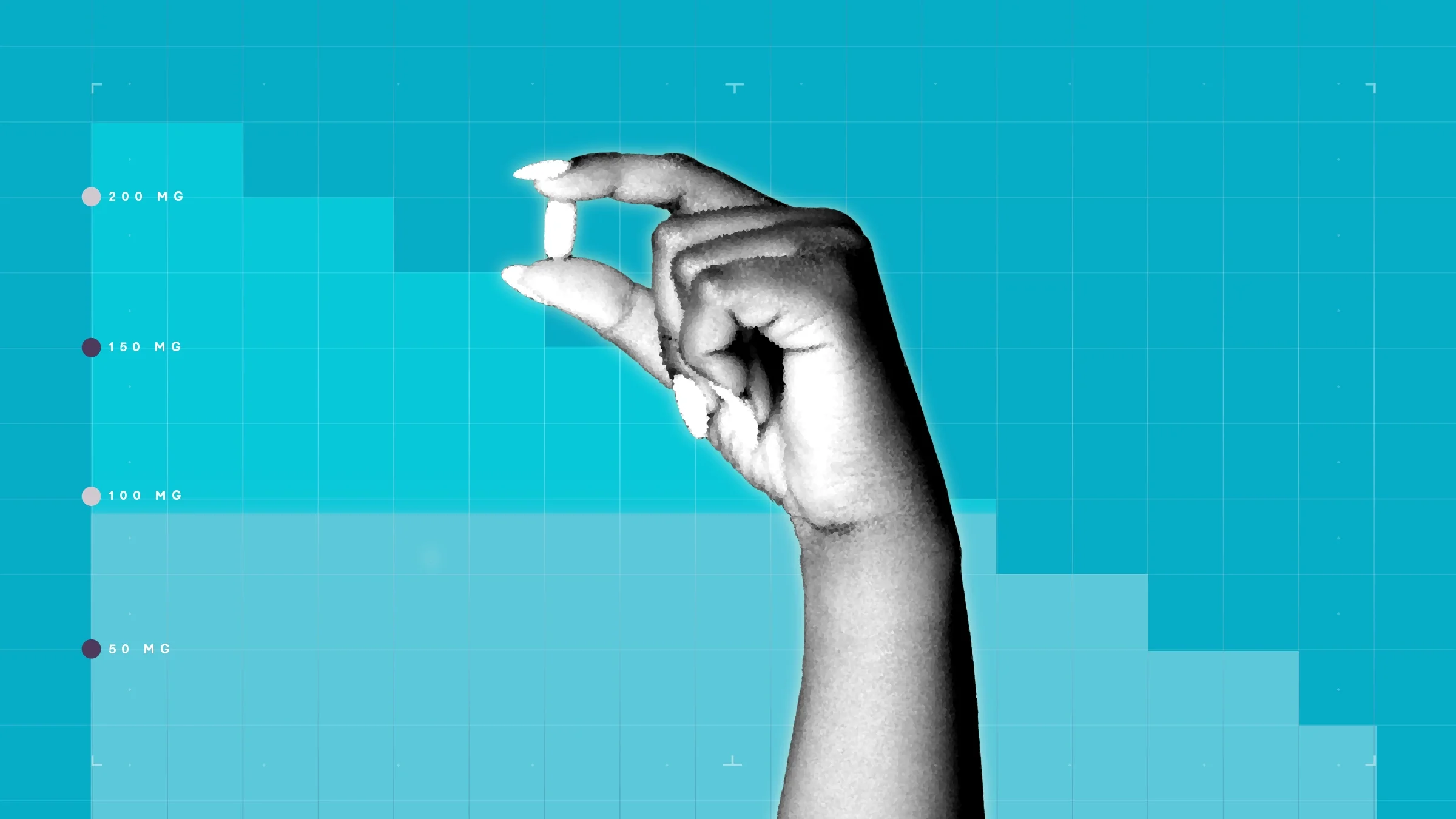 Light blue background with graph paper texture and representational step graph. In the center is a black and white cutout of a hand holding a single pill. 