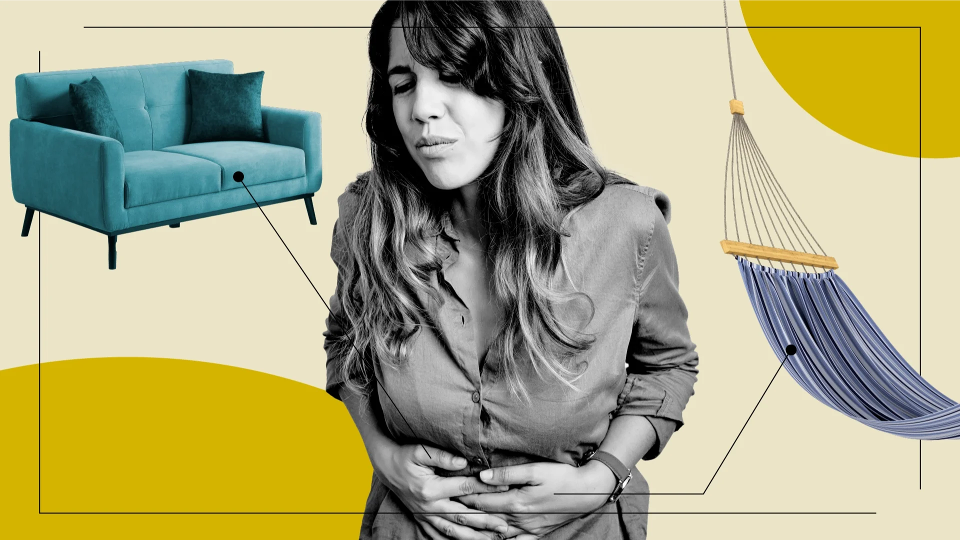 Collage of items representing how it feels to take magnesium citrate. The items are: a couch and a hammock representing the need to be at home and relaxing, respectively.