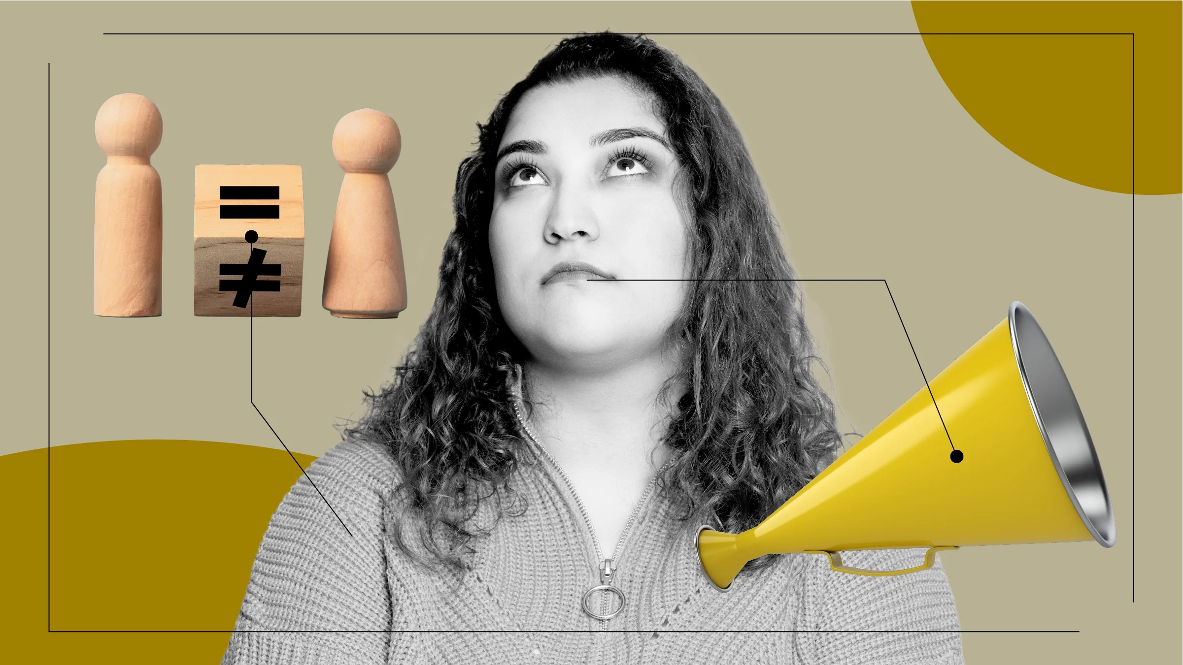 Custom graphic showcasing common societal feelings toward weight. In the center is a black-and-white portrait of a young woman looking up. On her left are wooden male and female figures with an inequality sign. On her right is a retro yellow megaphone.