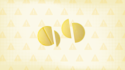 In the center of a yellow background with texture and warning sign pattern are two round, yellow pills cut into thirds.
GoodRx Health 