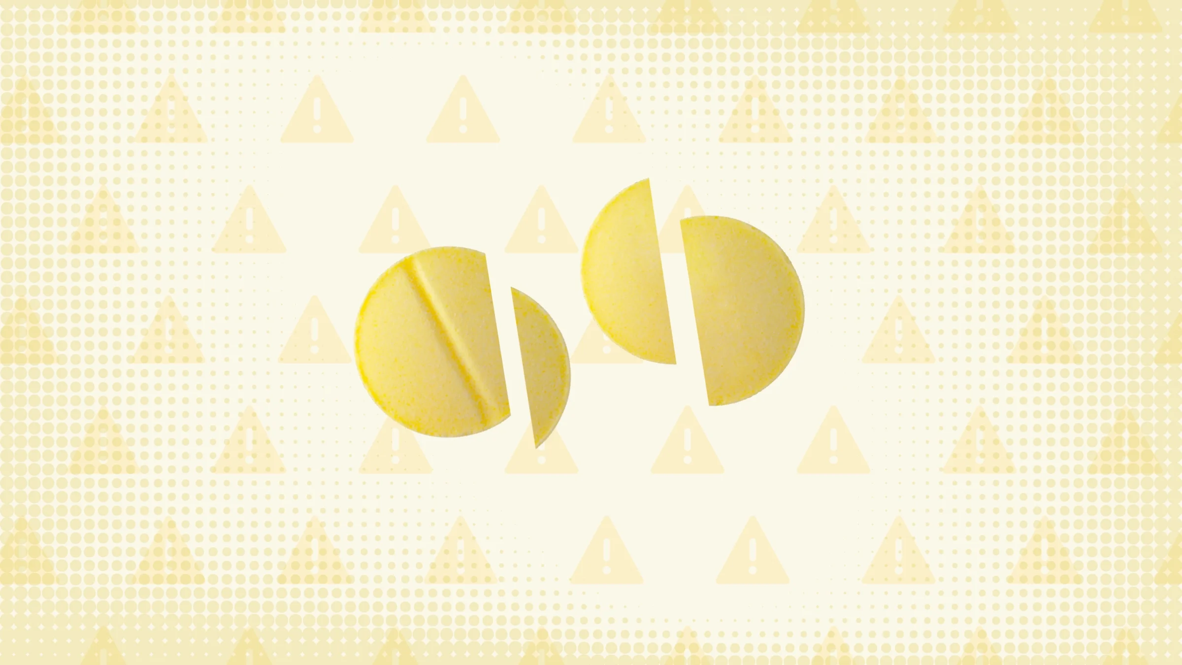 In the center of a yellow background with texture and warning sign pattern are two round, yellow pills cut into thirds.