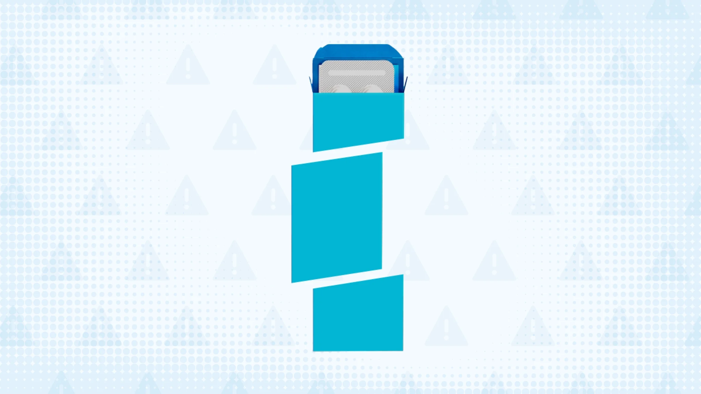 Light blue background with texture and warning sign pattern. In the center is a blue box with a blister pack of pills in it cut into thirds.