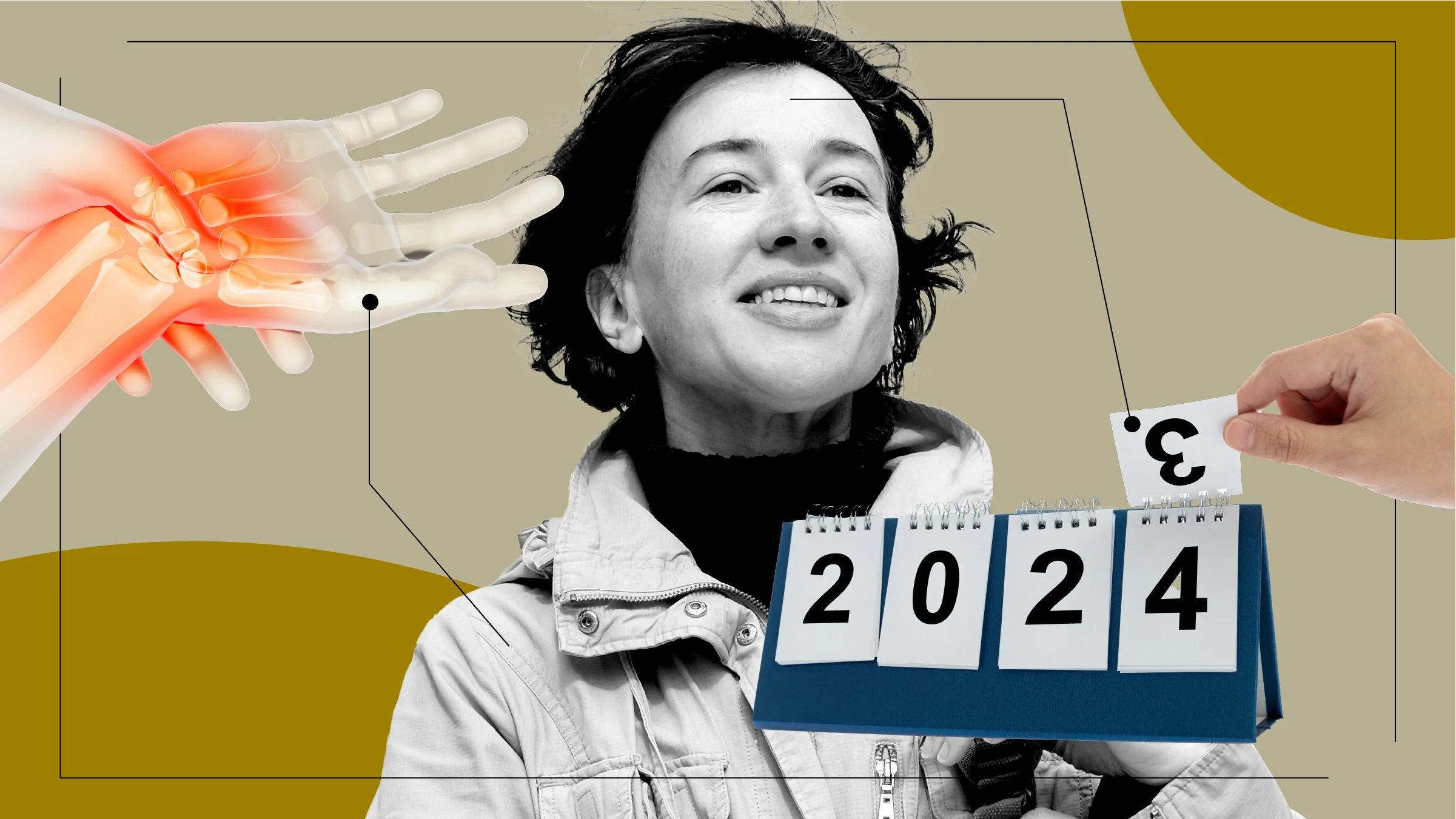 A graphic about Lyme disease includes images of a woman, a calendar being flipped, and a 3D rendering of a wrist in pain.