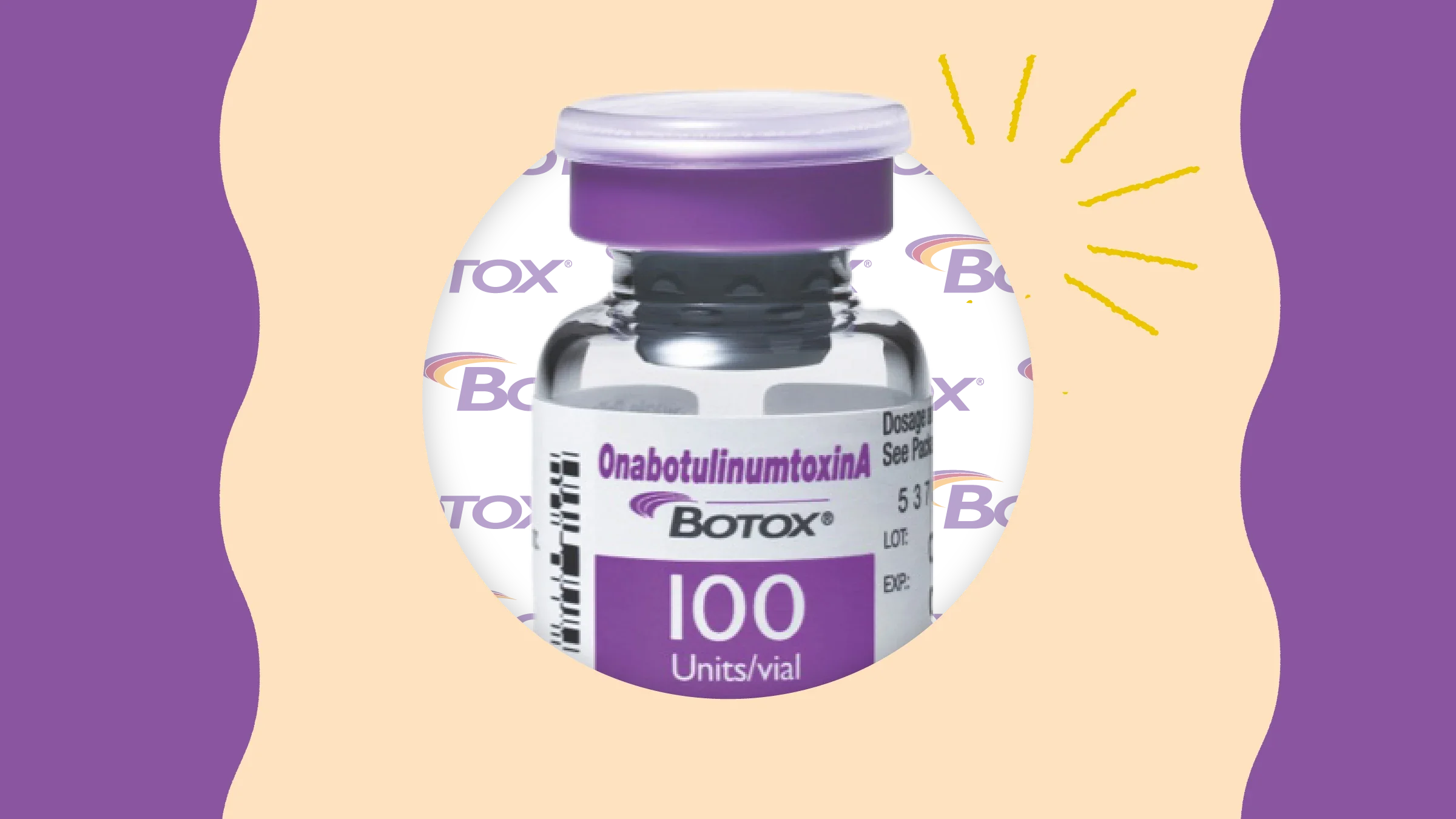 In the center of a tan background with purple wavy shapes on either side is a cutout product photo of Botox peeking out of the circular paper cutout background. Behind the vial is a pattern of the Botox logo faded out slightly.  
GoodRx Health; product photo courtesy of AbbVie