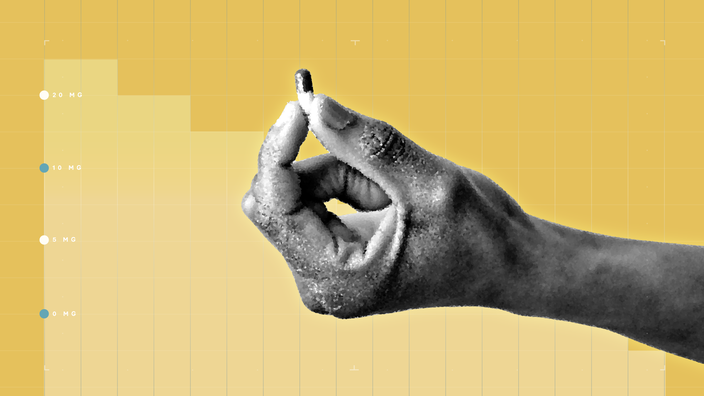 A graphic on Ritalin dosages shows a black-and-white cutout of a hand holding a pill against a yellow step graph.