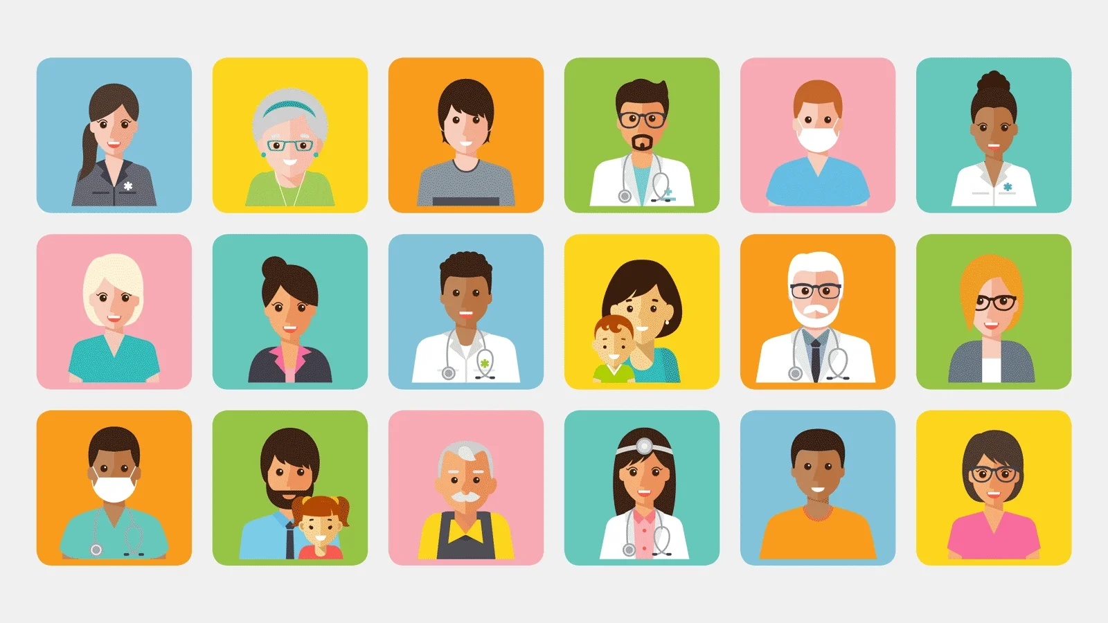 Grid of people including healthcare professionals