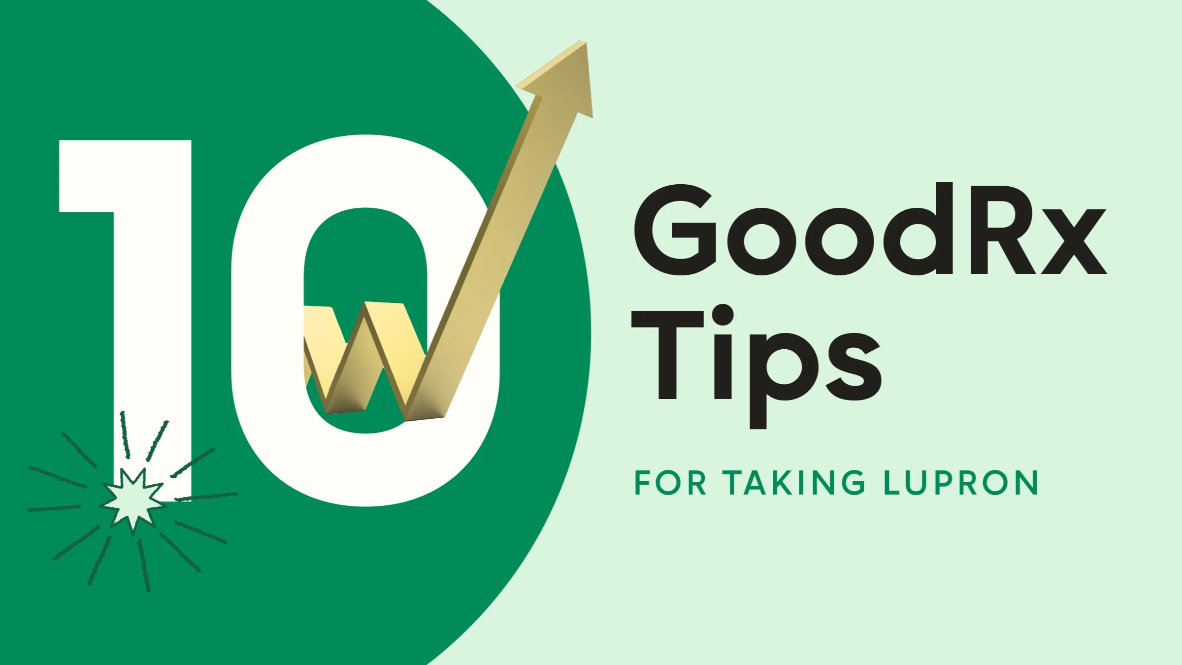 Light green background with dark green half circle on the left. The text reads: “10 GoodRx Tips for Taking Lupron.” There is a golden increase arrow in the middle of the zero of the number 10. 