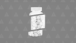 In the center of a medium gray background with texture and white warning sign pattern is a clear bottle with white pills that’s cut into thirds.
GoodRx Health 