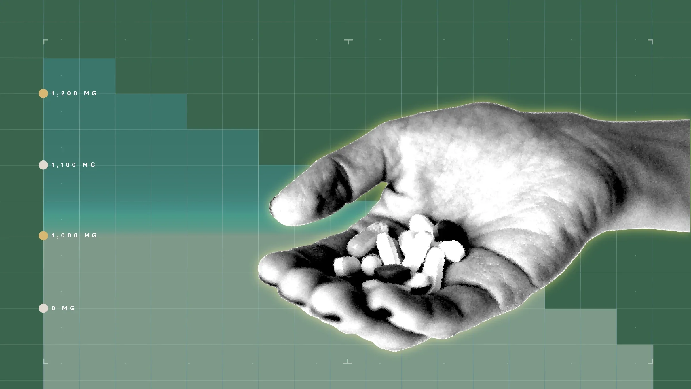 Dark green background with graph paper texture and representational step graph. In the center is a black and white cutout of a hand holding a bunch of pills. 
GoodRx Health