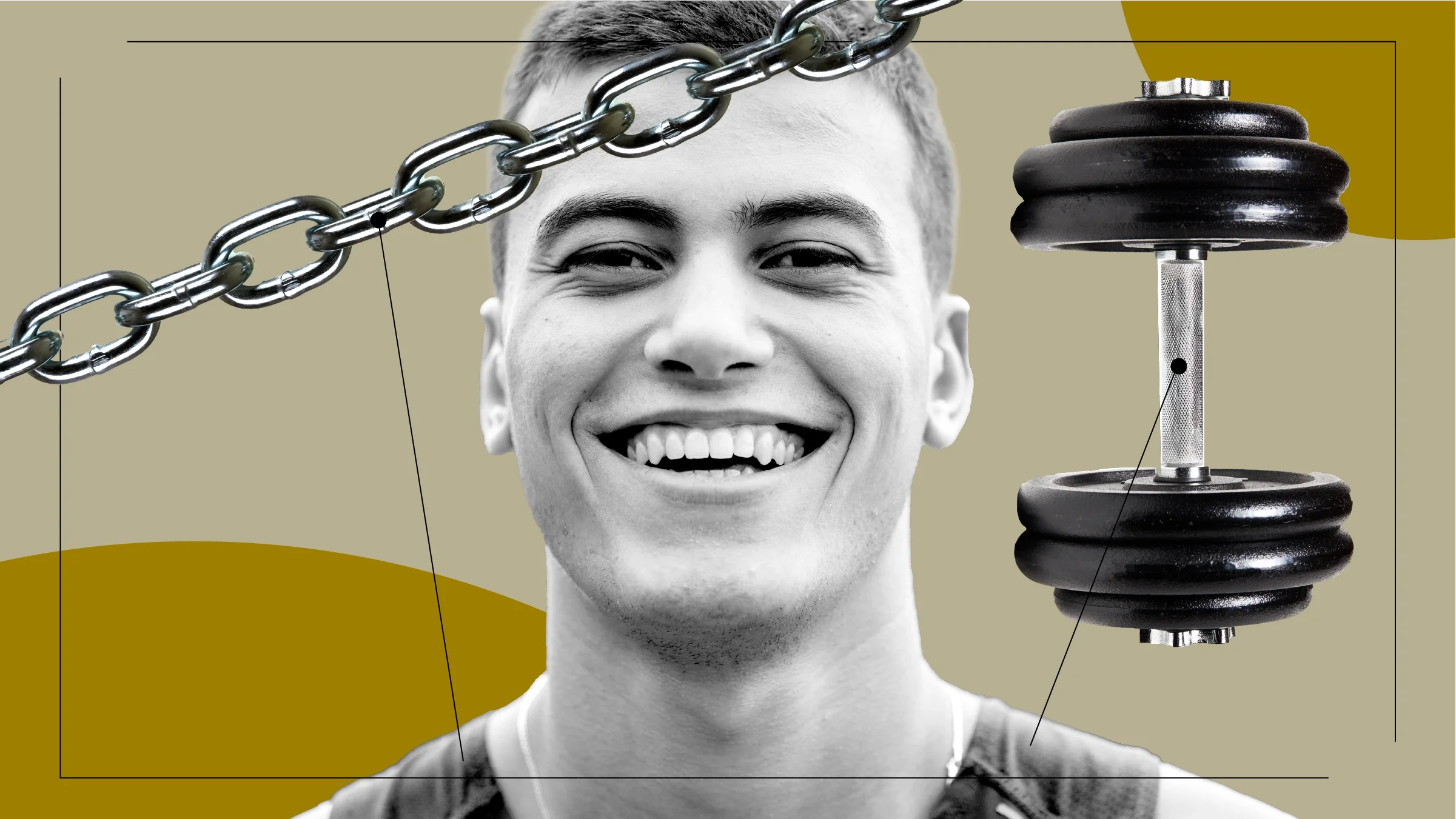 Tan background with a black-and-white portrait of a man smiling. Off of him are diagram lines pointing to objects representing the feelings of taking creatine supplements. On the left is a thick metal chain. On the right is a hand barbell. 