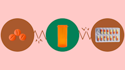 Light-red background with three circles across the frame. In the center, on a green circle, is an orange prescription bottle with no cap. On the left, on a red circle, are three round orange pills. On the right, on a red circle, is a blister pack of orange-and-yellow capsule pills. 
GoodRx Health