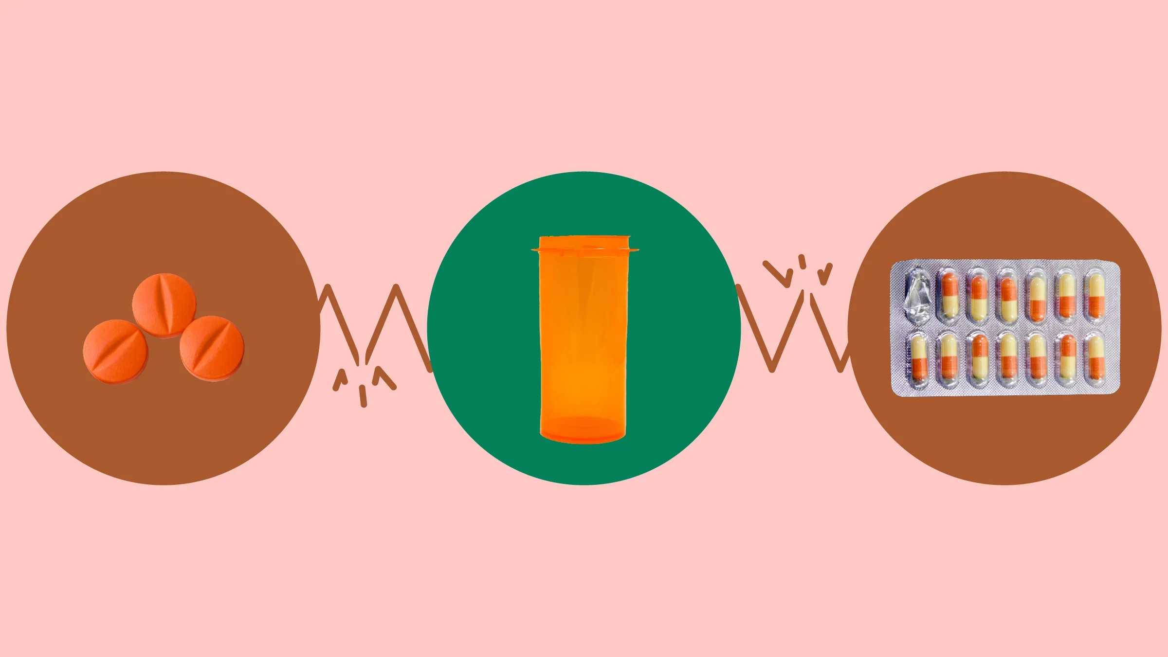 Light-red background with three circles across the frame. In the center, on a green circle, is an orange prescription bottle with no cap. On the left, on a red circle, are three round orange pills. On the right, on a red circle, is a blister pack of orange-and-yellow capsule pills.