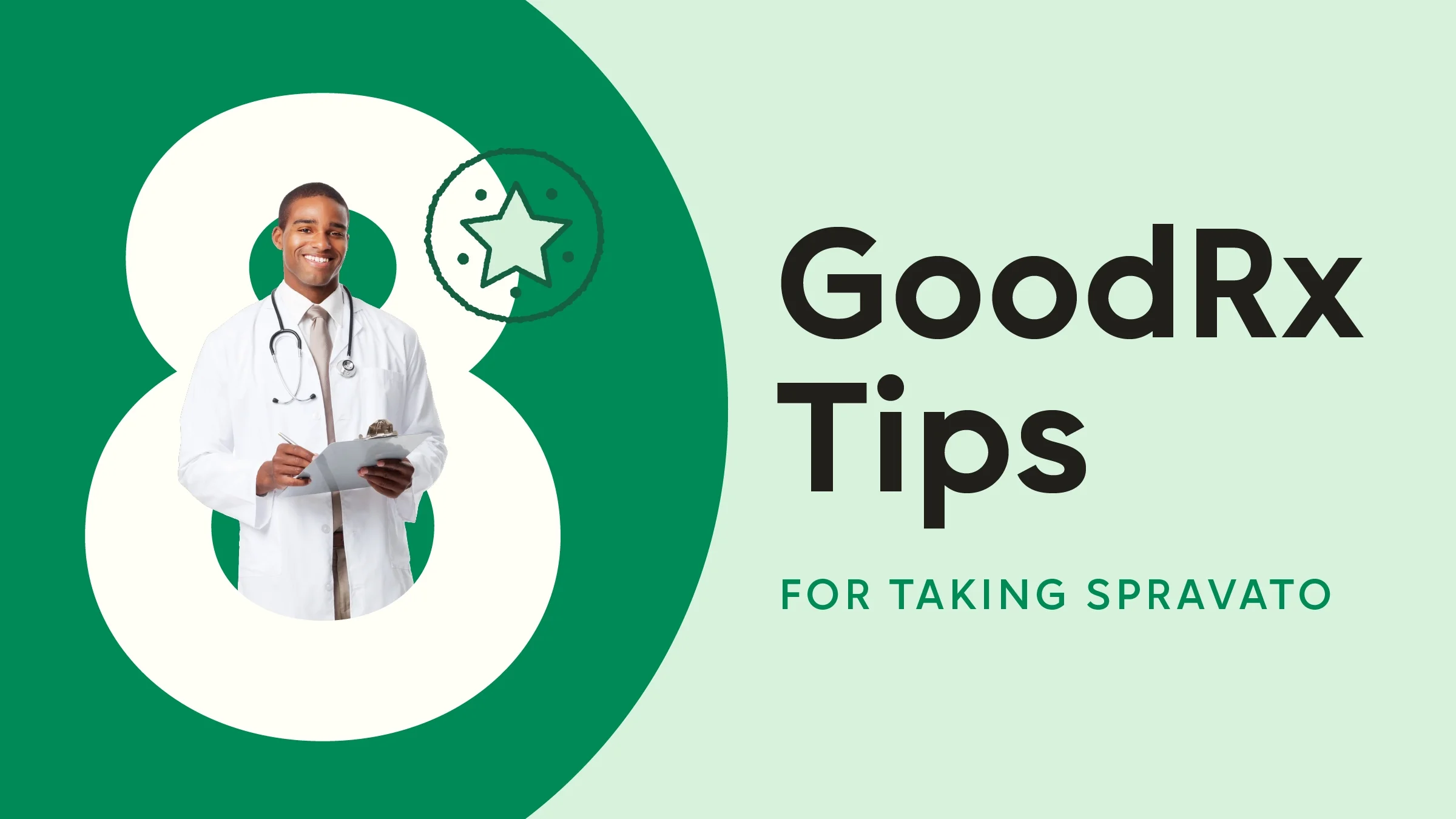 Light green background with dark green half circle on the left. The text reads “8 GoodRx Tips for Taking Spravato.” Out of the number eight is a cutout image of a doctor. 