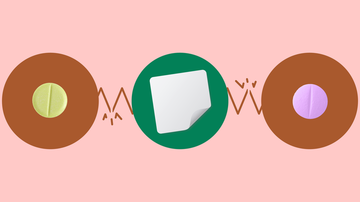 Light red background with three circles across the frame. In the center, on a green circle, is a white medication patch. On the left, on a red circle, is a single yellow pill. On the right, on a red circle, is a single purple pill.