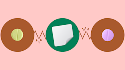 Light red background with three circles across the frame. In the center, on a green circle, is a white medication patch. On the left, on a red circle, is a single yellow pill. On the right, on a red circle, is a single purple pill.
GoodRx Health
