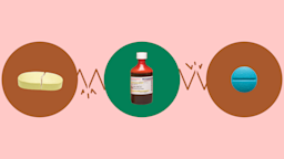 Light-red background with three circles across the frame. In the center, on a green circle, is a liquid medication bottle. On the left, on a red circle, is a yellow pill cracked in half. On the right, on a red circle, is a small round blue pill.
GoodRx Health