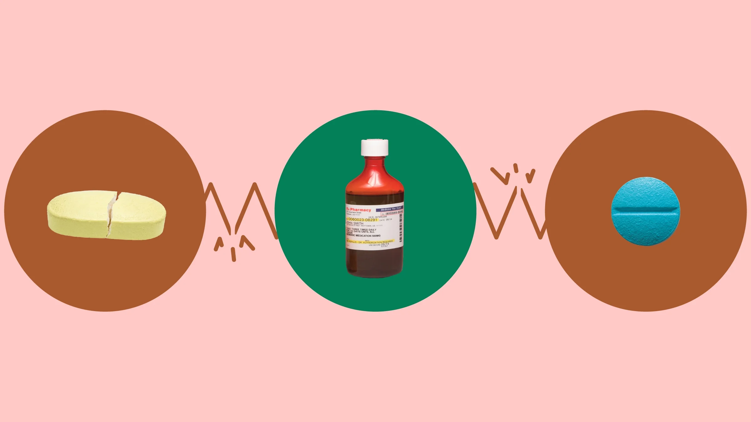 Light-red background with three circles across the frame. In the center, on a green circle, is a liquid medication bottle. On the left, on a red circle, is a yellow pill cracked in half. On the right, on a red circle, is a small round blue pill.