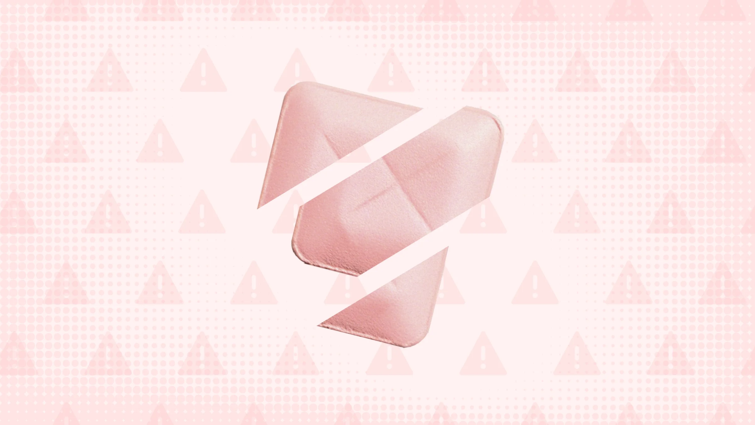 A square pink pill cut into thirds is shown on a light pink background with texture and warning sign pattern. 