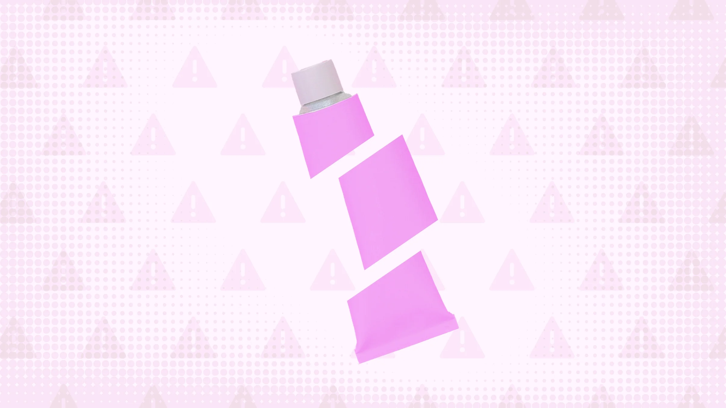 Light-purple background with texture and warning sign pattern. In the center is a pink medication cream tube cut into thirds.