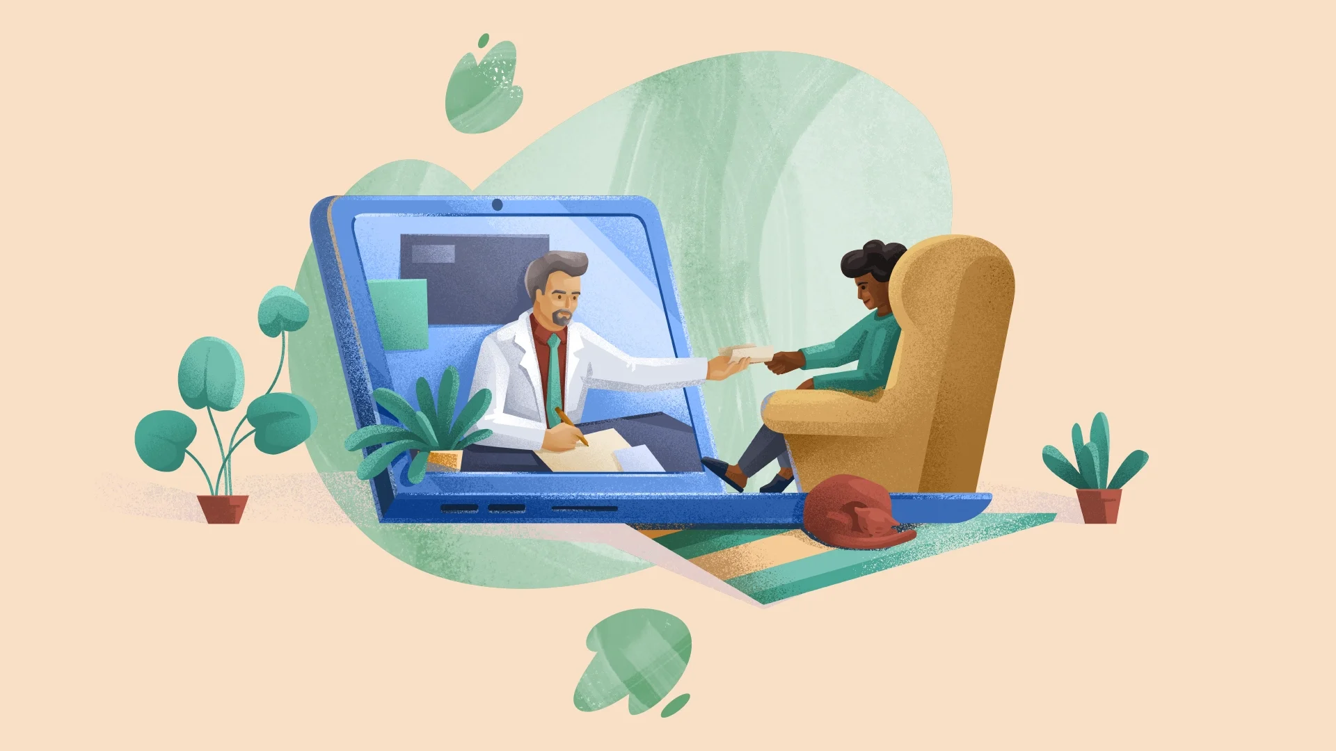 A doctor on a laptop screen extending his arm to hold the hand of a patient sitting at home in a room full of plants