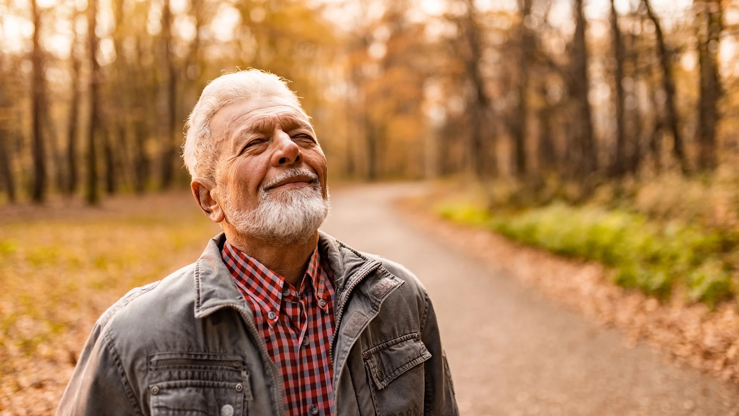 Portrait of a senior man on a walk through the woods. He is stopping and looking up with his eyes closed.