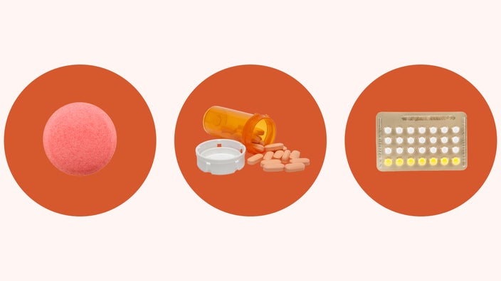 Light red background with three red circles across the middle of the screen. In each circle there is a type of medication that interacts with Paxlovid, including: a red pill for heart failure, statins in a prescription bottle, and a pack of birth control.