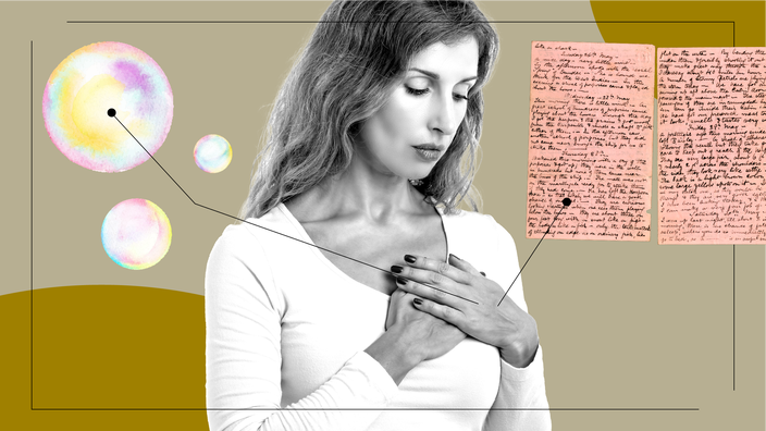 A graphic about preparing for death includes a portrait of a woman, iridescent bubbles, and a handwritten letter.  