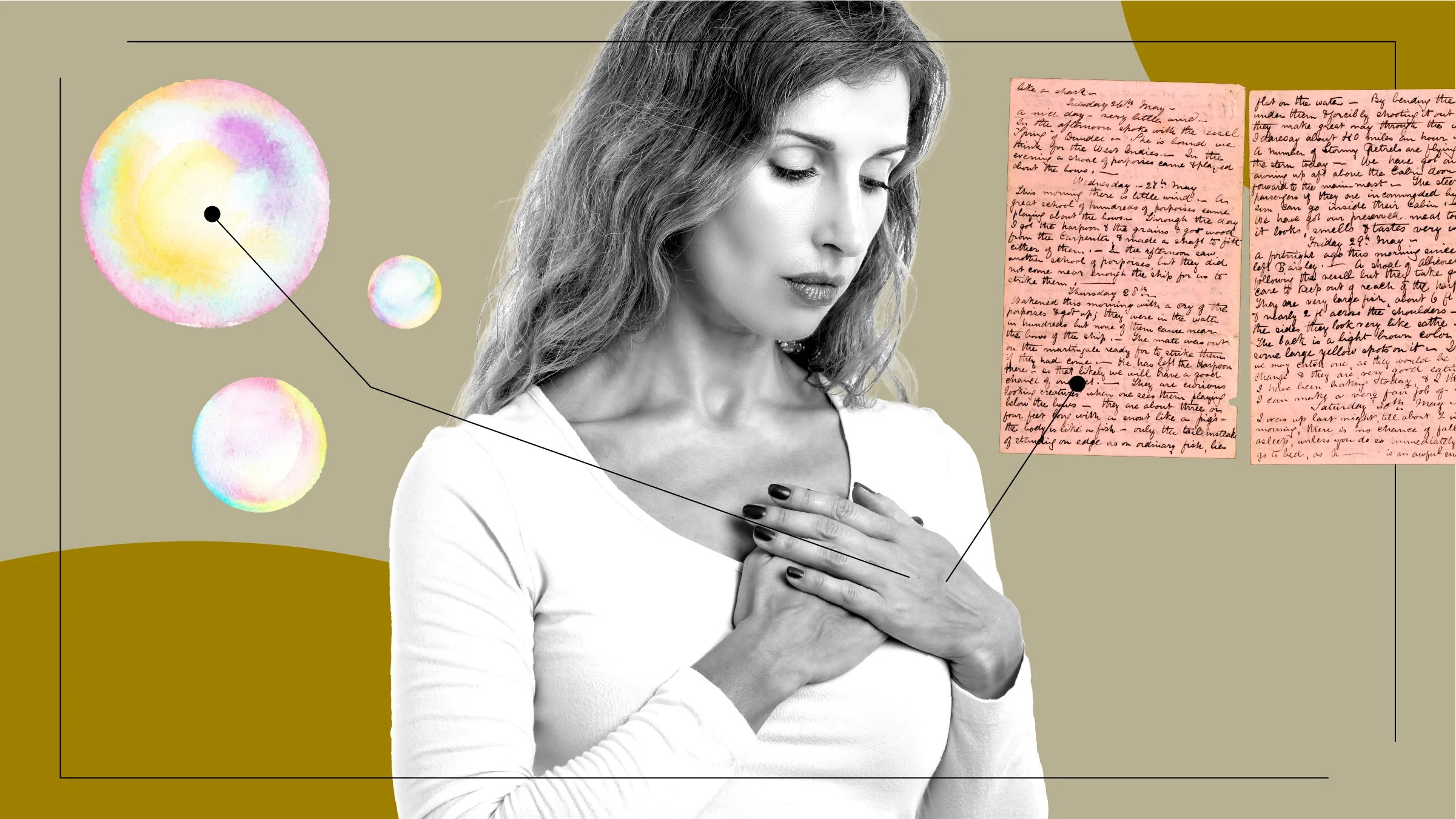 A graphic about preparing for death includes a portrait of a woman, iridescent bubbles, and a handwritten letter.