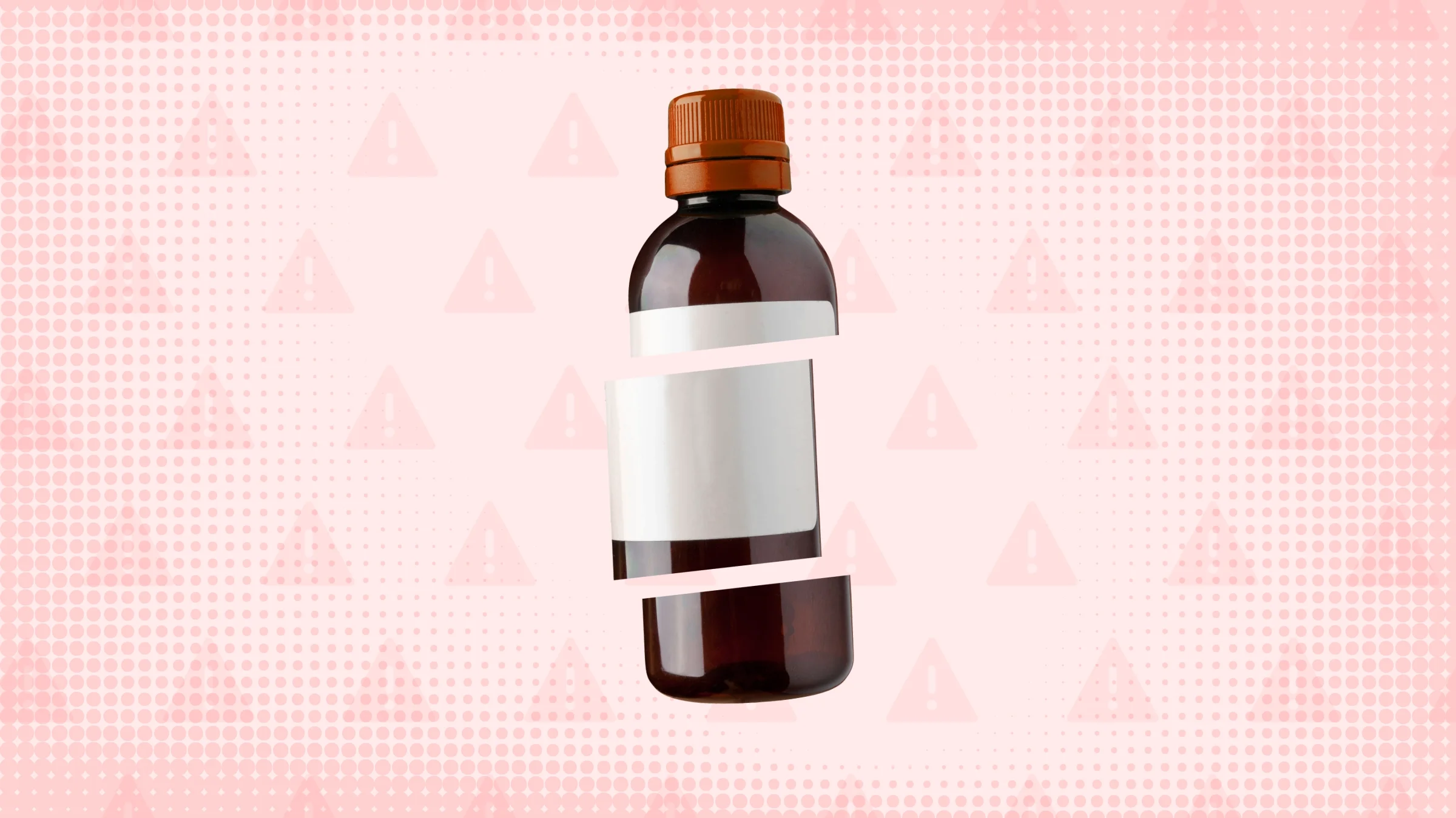 A graphic includes a light-red warning-sign pattern and a prescription bottle with a red cap cut into thirds.
