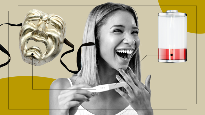 A woman smiles holding a pregnancy test. On either side are images representing what early pregnancy feels like: a drama mask and a drained battery. 