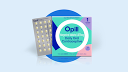 A product image of Opill placed against a blue background.
Courtesy of Perrigo