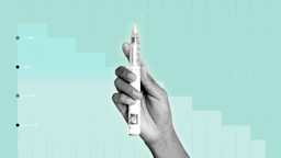 Light teal background with graph paper texture and representational step graph. In the center is a black and white cutout of a hand holding a weight loss injector pen.
GoodRx Health