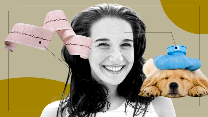 A graphic that represents taking Coricidin HBP includes a photo of a woman, an EKG readout, and a sick puppy.