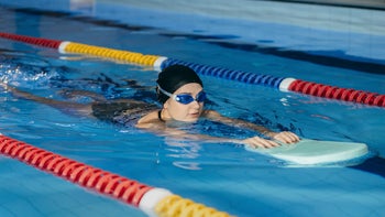 Movement and exercise: young woman swims with a board 1952518901
