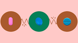 Light red-pink background with three circles across the middle of the frame. In the center, on a green circle, is an oval dark blue pill. On the left, on a red circle, is an oblong pink pill. On the right, on a red circle, is a round blue pill.
GoodRx Health