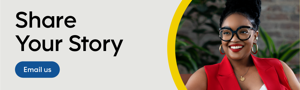 Share Your Story text on the left with an Email us button below. On the left, there is a photo of Nikki Nurse smiling. 
