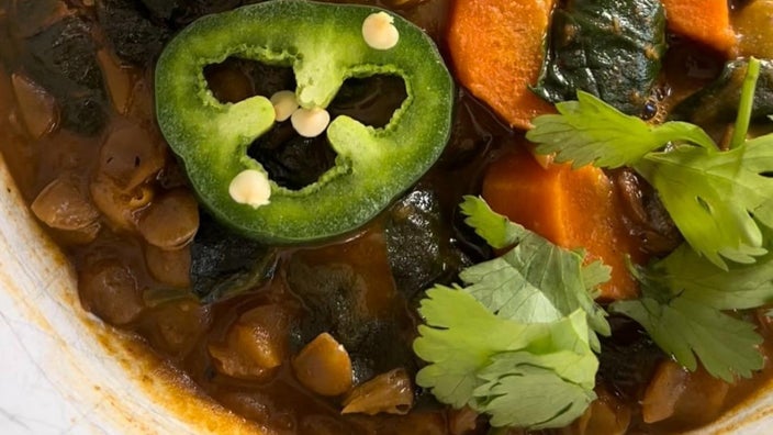 One of Rachel’s typical meals, lentils with fresh vegetables, is pictured.
