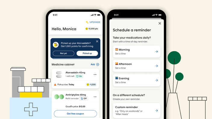 Custom graphic with product shots of the GoodRx Medicine Cabinet on a phone screen. Off to the side are different illustrations related to pills and prescriptions. 