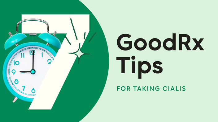Light green background with dark green half circle on the left side. The text reads: “7 GoodRx Tips for Taking Cialis.” Coming out from behind the number 7 is a teal colored alarm clock. 