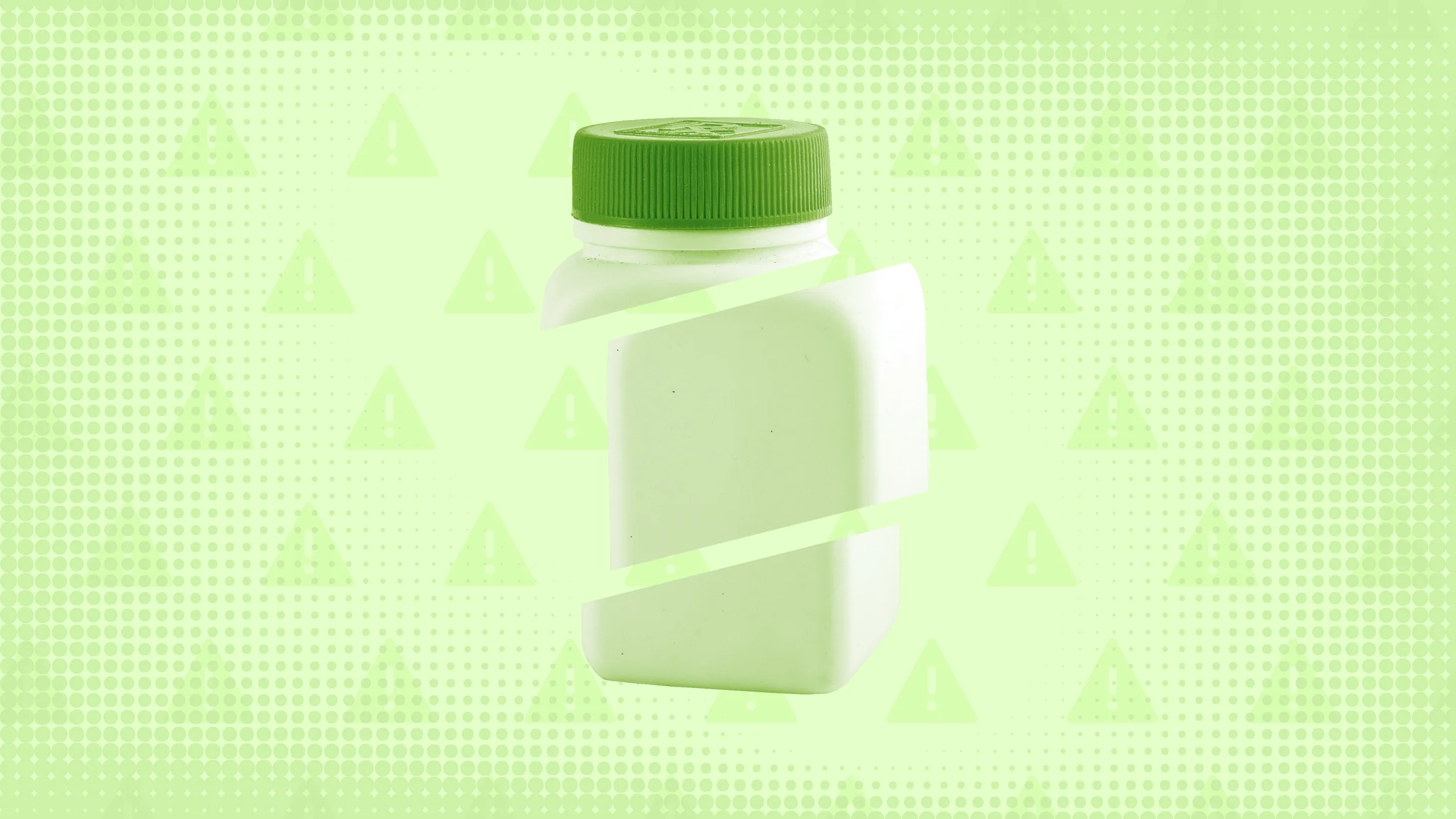 Bright-green background with texture and a warning sign pattern. In the center is a square pill bottle cut into thirds with a green cap.