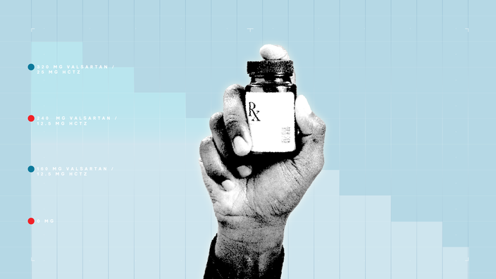 Light-blue background with graph paper texture and representational step graph. In the center is a black-and-white cutout of a hand holding a glass prescription bottle labeled “Rx.”