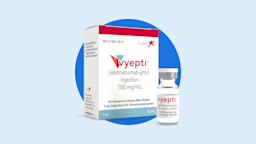 Product shot of Vyepti on blue background
Courtesy of Lundbeck
