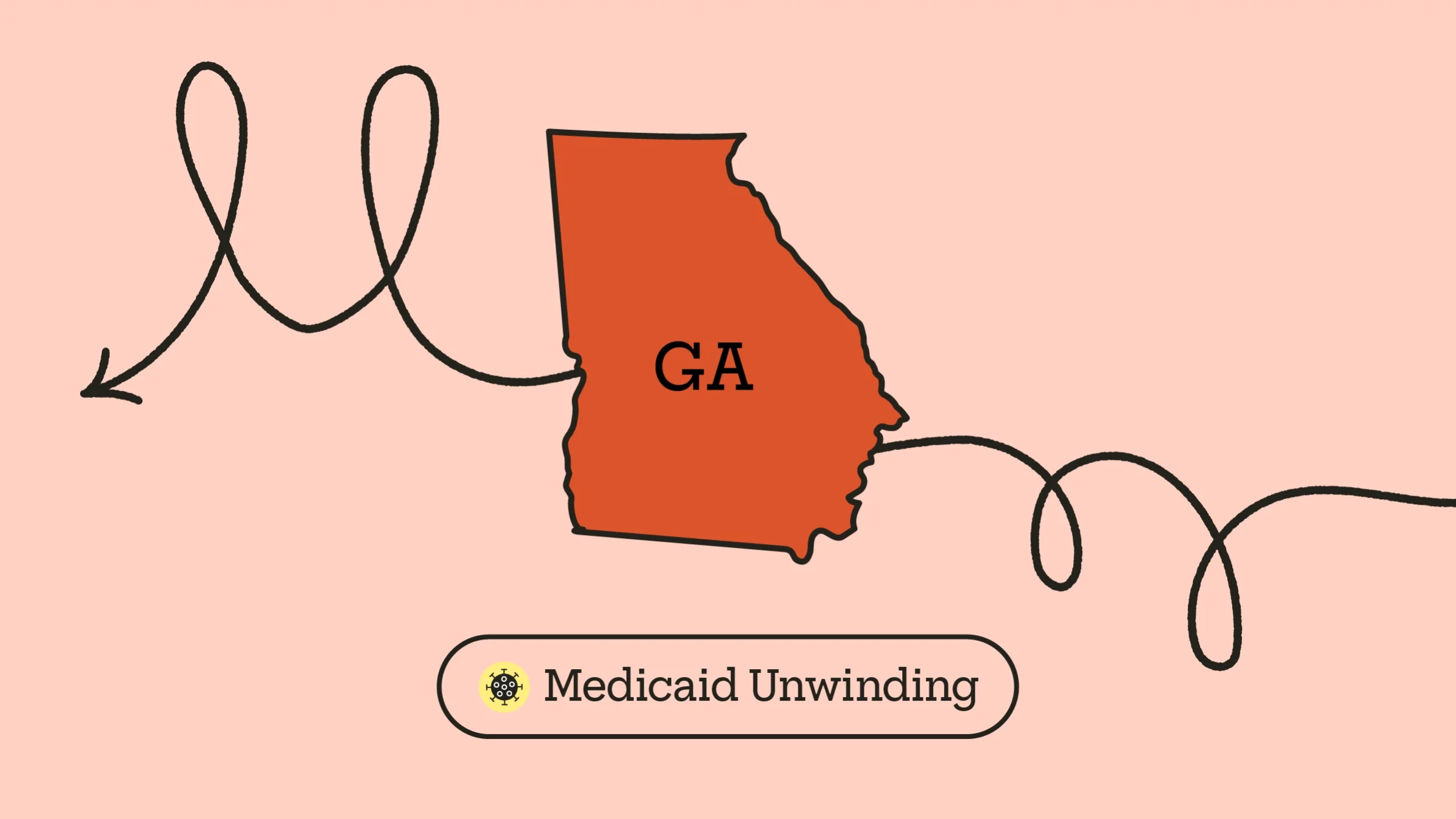 Light red-pink background with red state outline of Georgia in the center. A looping arrow across the frame creates the letter “M.” At the bottom it reads “Medicaid Unwinding” with a COVID-19 icon.