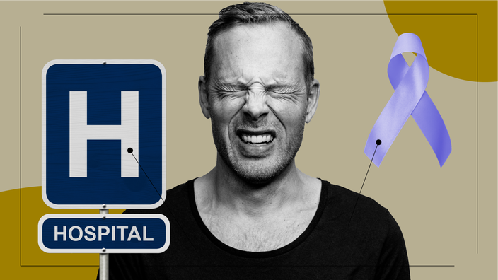 Tan background with black and white portrait of a man wincing in pain. Off of him are diagram lines pointing to objects representing pancreatitis. On the left is a hospital sign. On the right is a purple cause ribbon. 