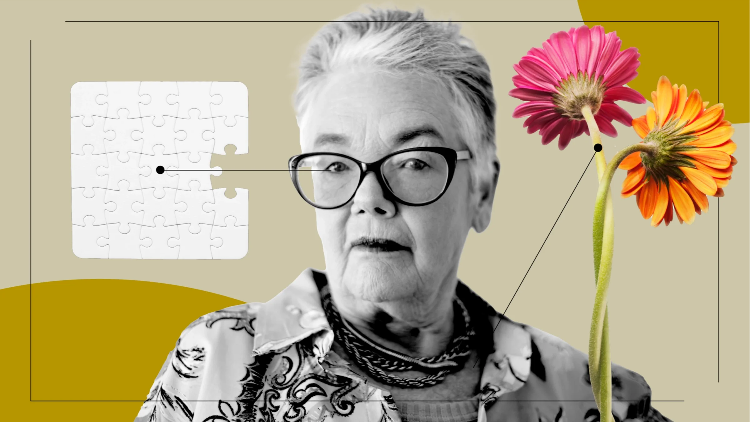 A graphic includes a photo of a woman with glasses and items that represent having macular degeneration: a puzzle with a piece missing and intertwined daisies.