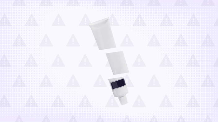 Light purple background with texture and warning sign pattern. In the center is a white and purple prescription cream tube cut into thirds. 