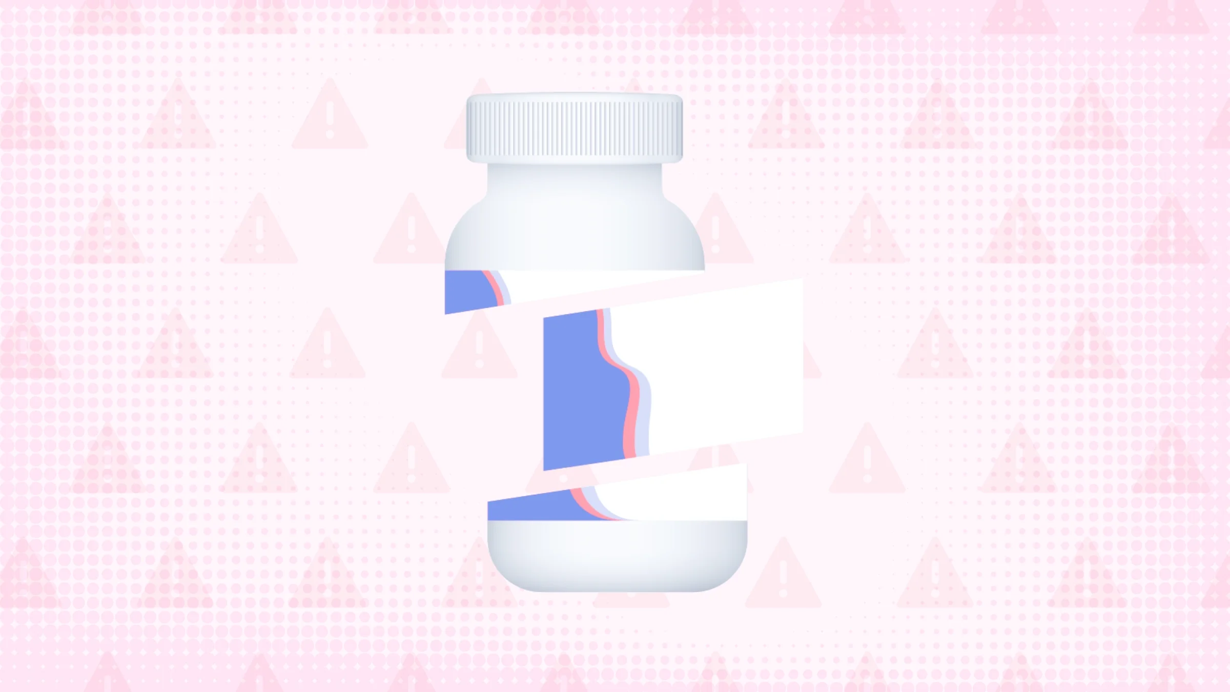 Light pink background with texture and warning sign pattern. In the center is a white pill bottle with a purple and pink label cut into thirds.