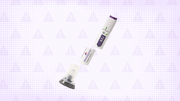 Light purple background with halftone texture and warning sign pattern. In the center is a Mounjaro injection pen cut into thirds.
GoodRx Health